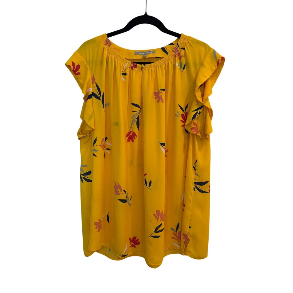 Daniel Rainn Yellow Floral Ruffle Sleeve Blouse Ruched Neck Top Plus Size 2X